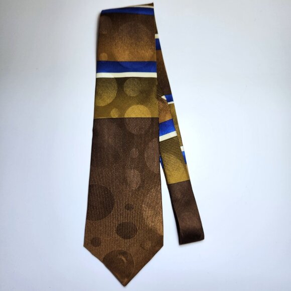 Andriano Men's Tie 100% Silk Brown Green Blue Geometric Stripes Circles … - Picture 1 of 4